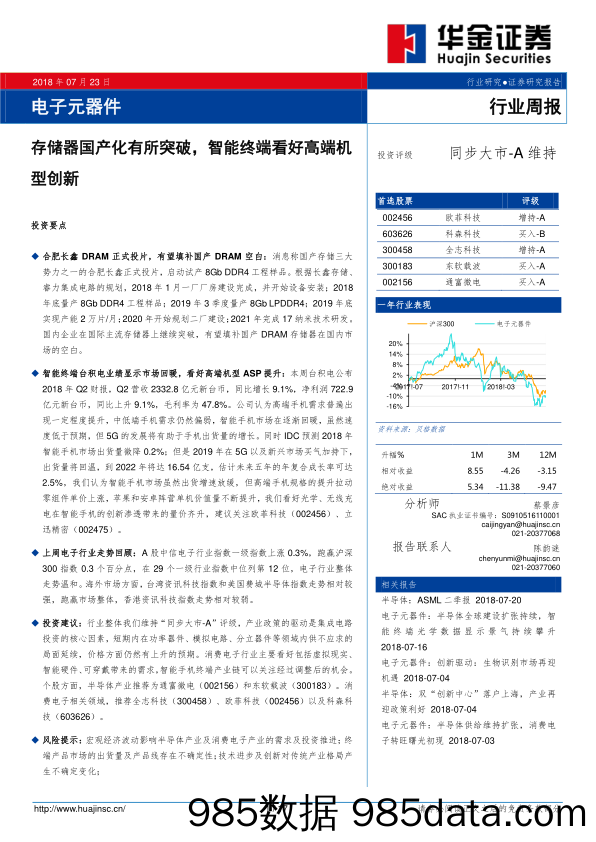 电子元器件行业周报：存储器国产化有所突破，智能终端看好高端机型创新_华金证券