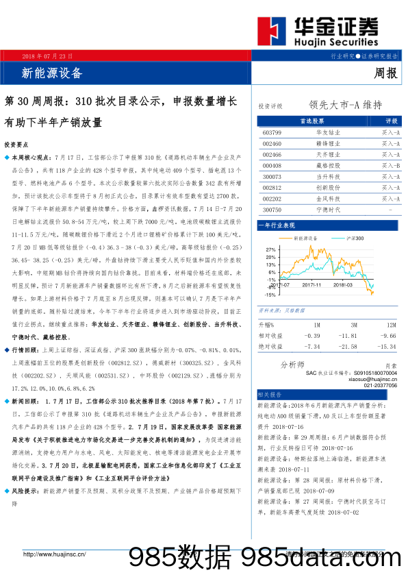 新能源设备第30周周报：310批次目录公示，申报数量增长有助下半年产销放量_华金证券