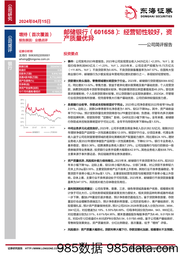 邮储银行-601658.SH-公司简评报告：经营韧性较好，资产质量优异-20240415-东海证券