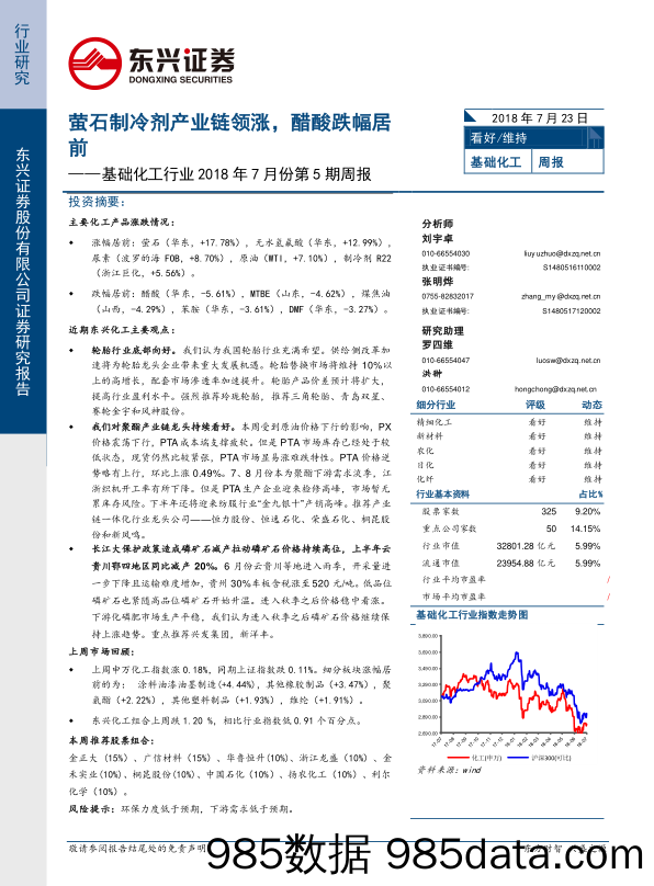 基础化工行业2018年7月份第5期周报：萤石制冷剂产业链领涨，醋酸跌幅居前_东兴证券