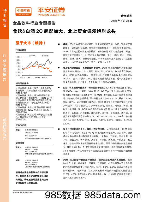 食品饮料行业专题报告：食饮&白酒2Q超配加大，北上资金偏爱绝对龙头_平安证券