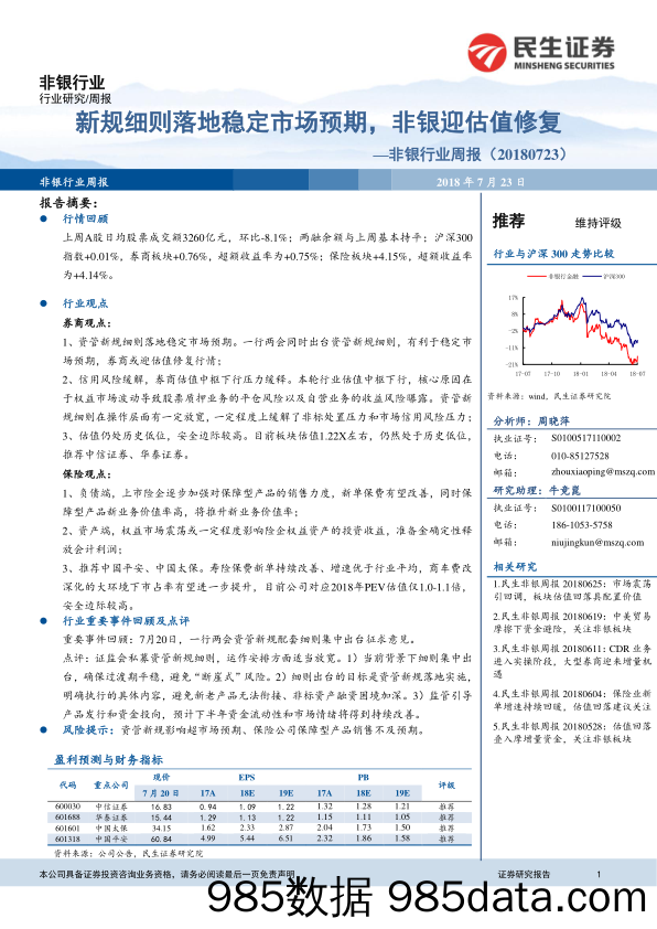 非银行业周报：新规细则落地稳定市场预期，非银迎估值修复_民生证券