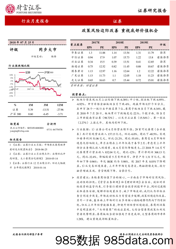 证券行业月度报告：政策风险边际改善 重视底部价值机会_财富证券