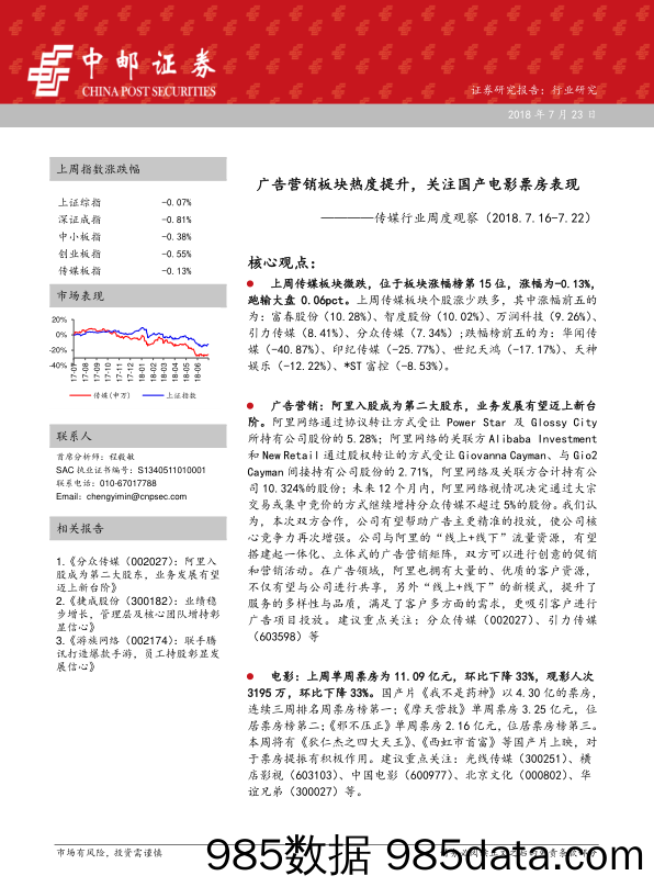 传媒行业周度观察：广告营销板块热度提升，关注国产电影票房表现_中邮证券