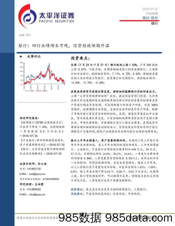 银行行业周报：四行业绩增长可观，信贷投放预期升温_太平洋