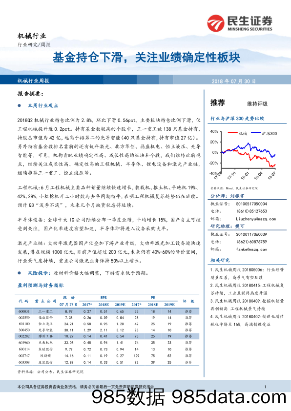 机械行业周报：基金持仓下滑，关注业绩确定性板块_民生证券