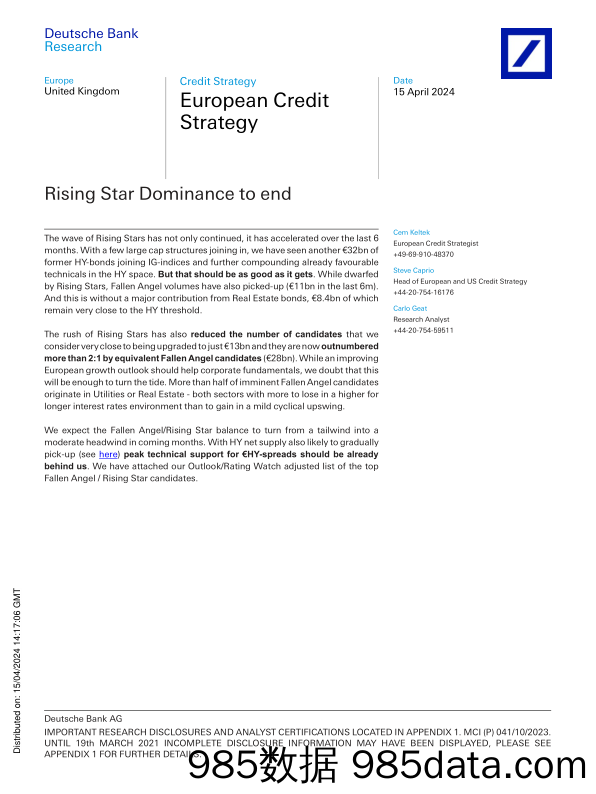 Deutsche Bank-European Credit Strategy Rising Star Dominance to end-107601104