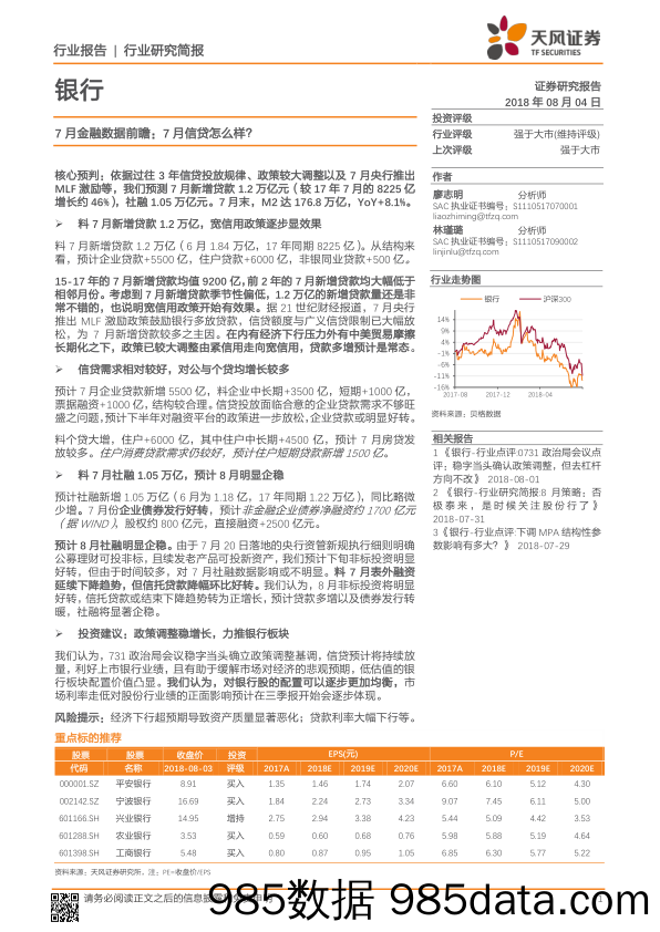 银行7月金融数据前瞻：7月信贷怎么样？_天风证券