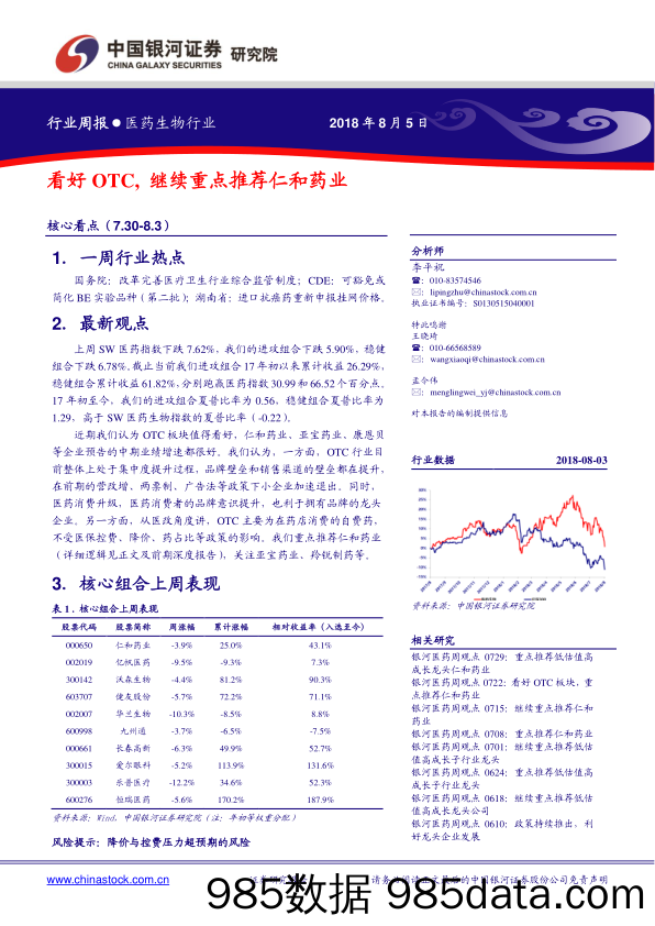 医药生物行业周报：看好OTC，继续重点推荐仁和药业_中国银河