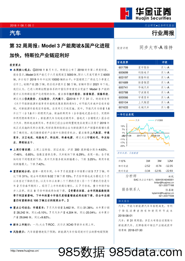 汽车第32周周报：Model3产能爬坡&国产化进程加快，特斯拉产业链迎利好_华金证券