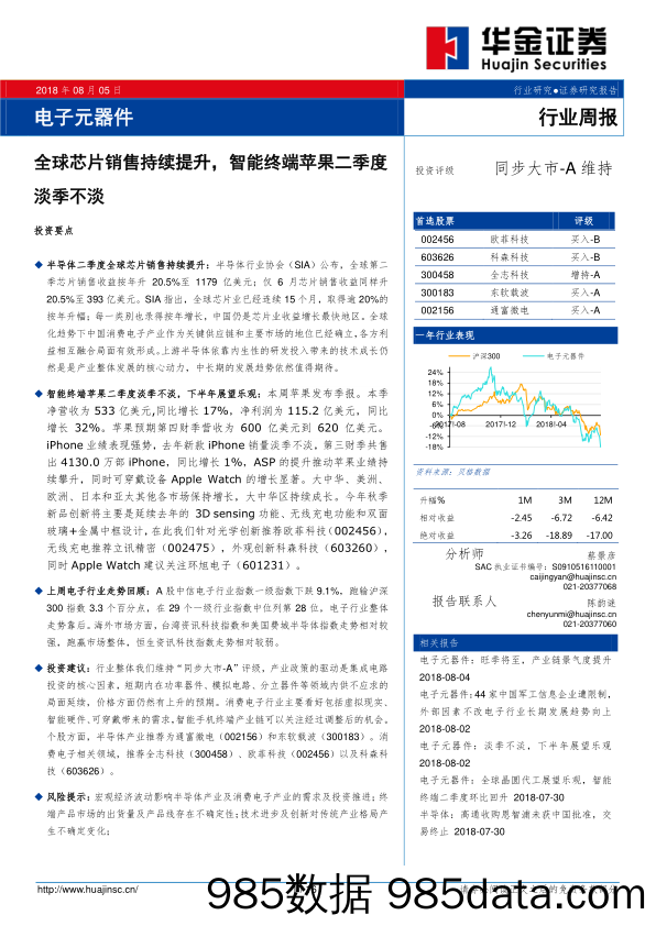 电子元器件行业周报：全球芯片销售持续提升，智能终端苹果二季度淡季不淡_华金证券