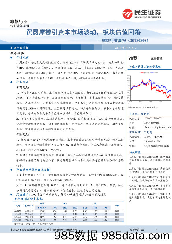 非银行业周报：贸易摩擦引资本市场波动，板块估值回落_民生证券