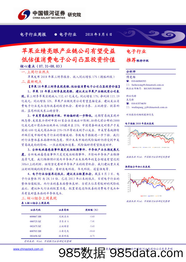 电子行业周报：苹果业绩亮眼产业链公司有望受益 低估值消费电子公司凸显投资价值_中国银河