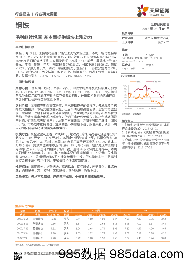 钢铁行业研究周报：毛利继续增厚 基本面提供板块上涨动力_天风证券