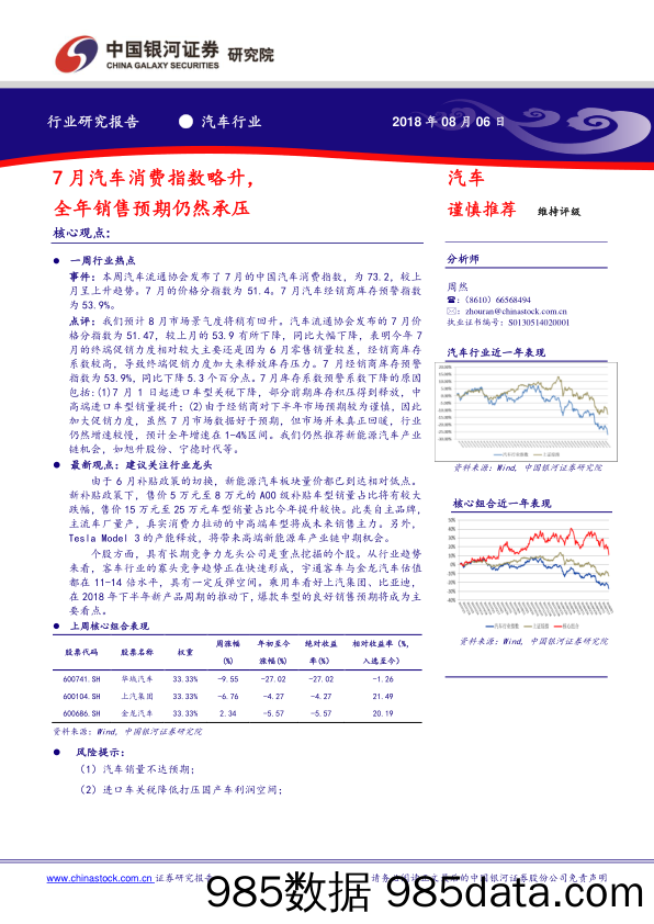 汽车行业研究报告：7月汽车消费指数略升，全年销售预期仍然承压_中国银河