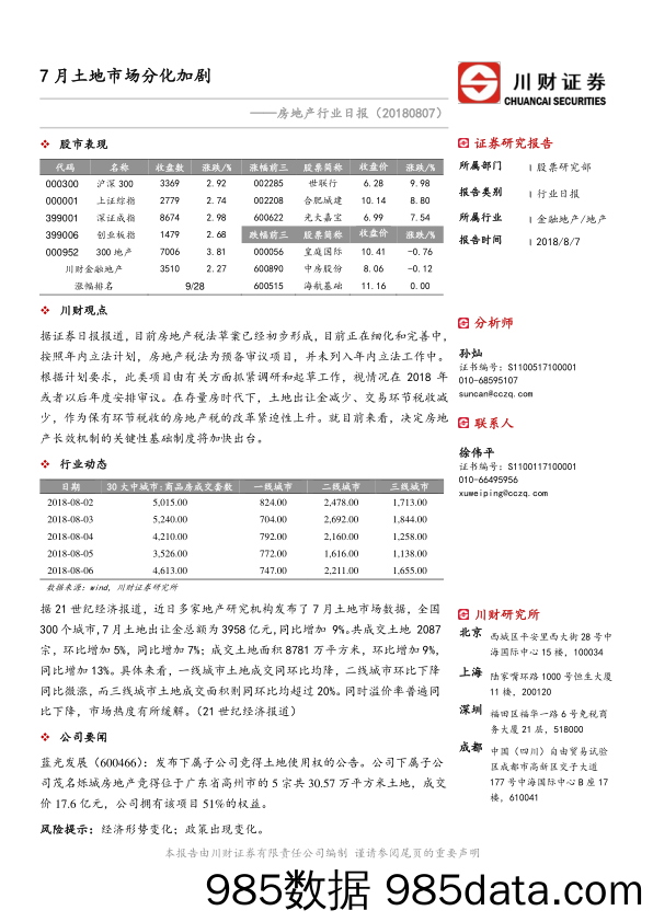 房地产行业日报：7月土地市场分化加剧_川财证券