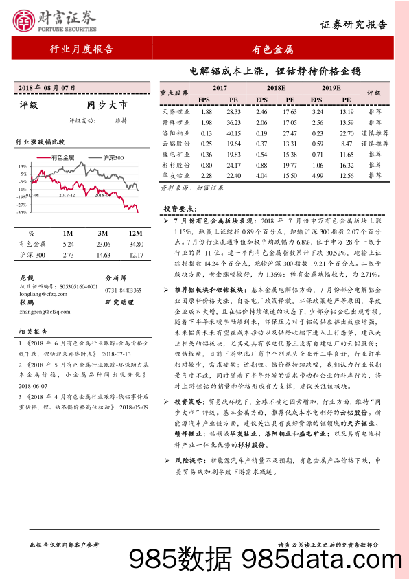 有色金属行业月度报告：电解铝成本上涨，锂钴静待价格企稳_财富证券