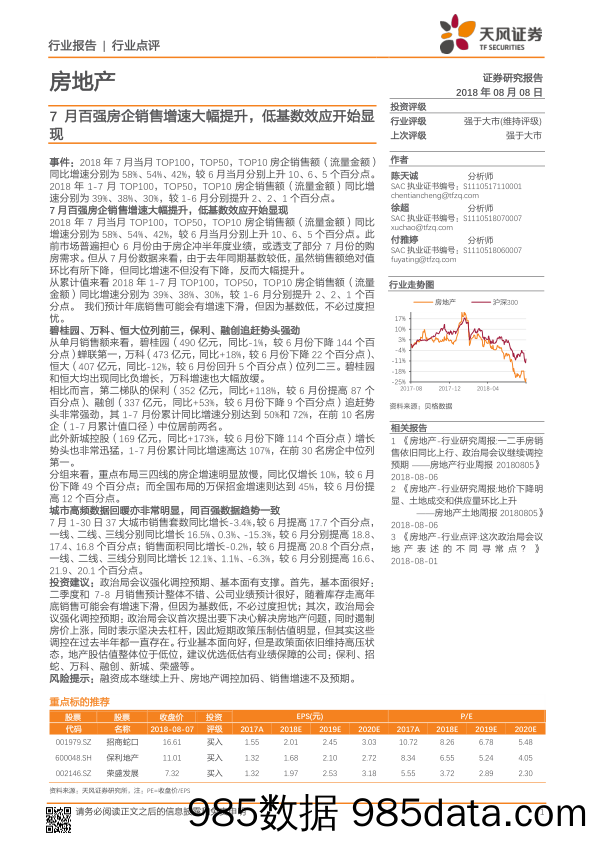 房地产行业点评：7月百强房企销售增速大幅提升，低基数效应开始显现_天风证券