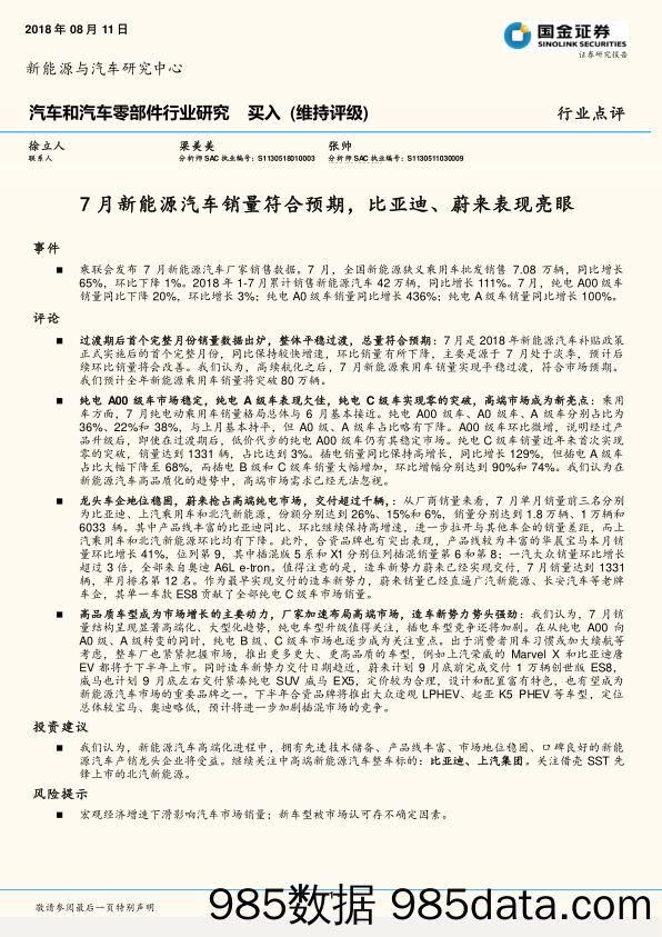 汽车和汽车零部件行业研究：7月新能源汽车销量符合预期，比亚迪、蔚来表现亮眼_国金证券