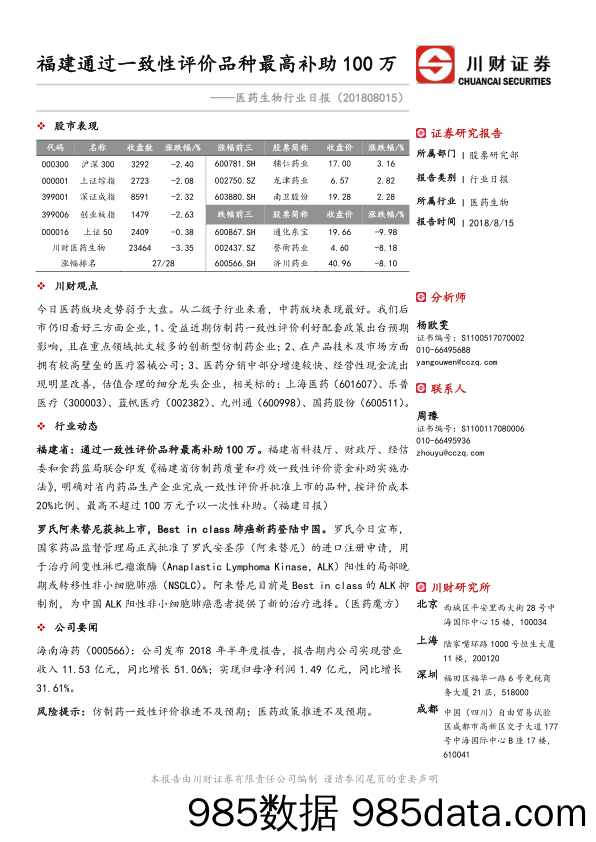 医药生物行业日报：福建通过一致性评价品种最高补助100万_川财证券