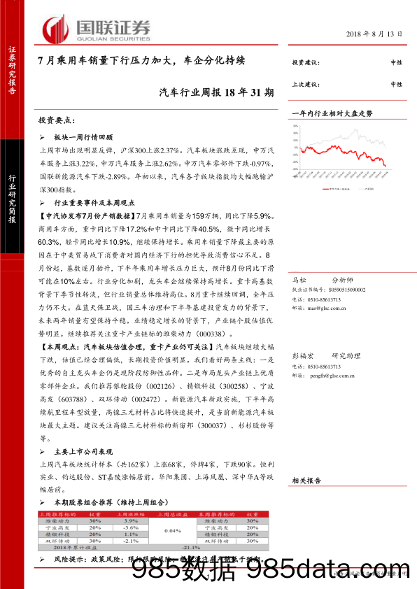 汽车行业周报18年31期：7月乘用车销量下行压力加大，车企分化持续_国联证券插图