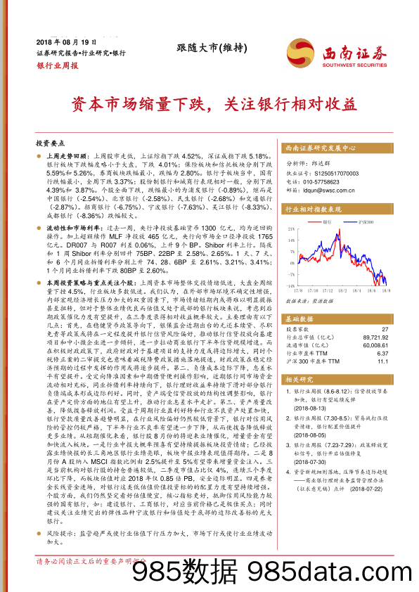 银行业周报：资本市场缩量下跌，关注银行相对收益_西南证券