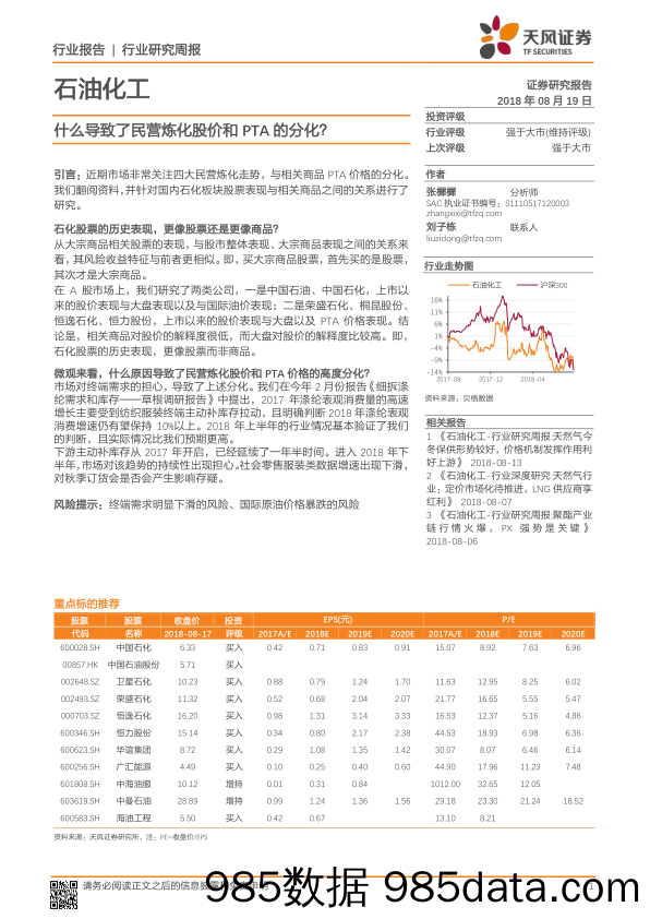 石油化工行业研究周报：什么导致了民营炼化股价和PTA的分化？_天风证券