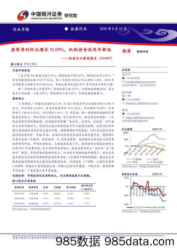 证券行业跟踪报告：券商净利环比增长51.09%，机构持仓创两年新低_中国银河