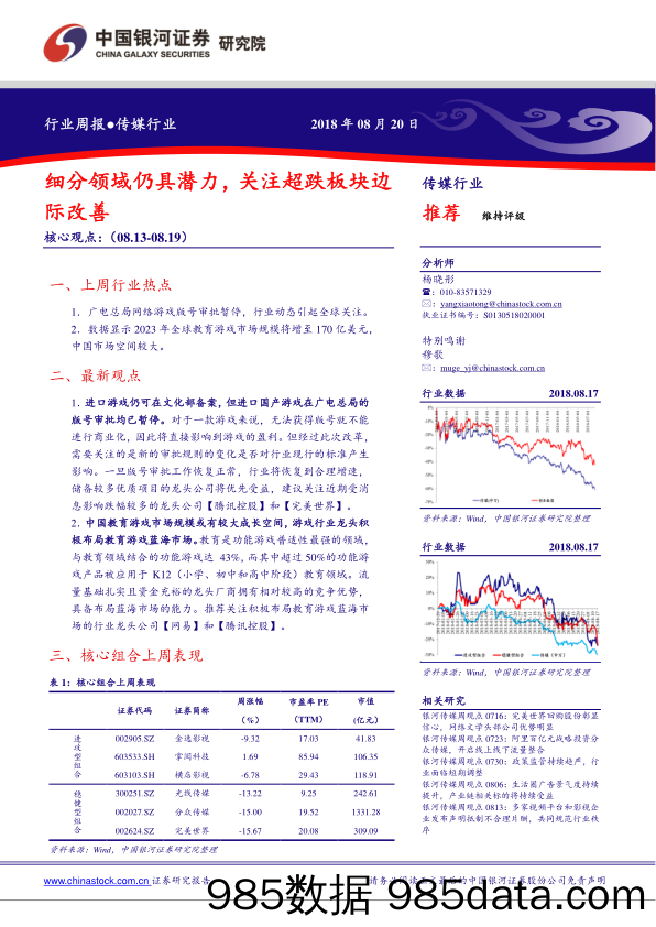 传媒行业周报：细分领域仍具潜力，关注超跌板块边际改善_中国银河