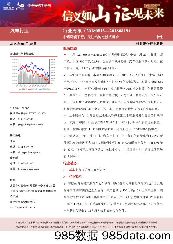 汽车行业周报：市场环境下行，关注结构性投资机会_山西证券