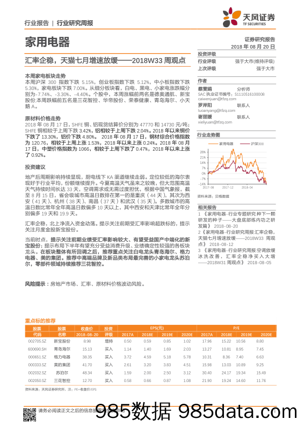 家用电器2018W33周观点：汇率企稳，天猫七月增速放缓_天风证券