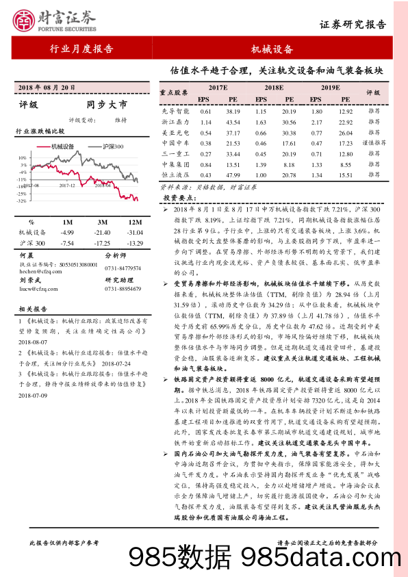 机械设备行业月度报告：估值水平趋于合理，关注轨交设备和油气装备板块_财富证券