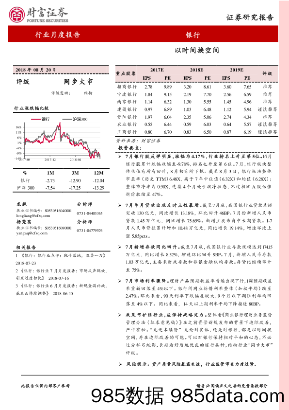 银行行业月度报告：以时间换空间_财富证券