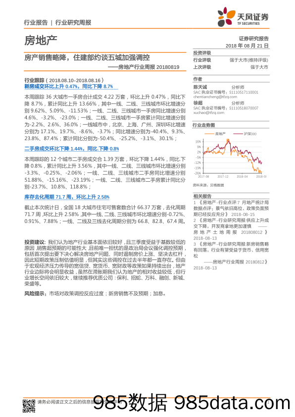 房地产行业周报：房产销售略降，住建部约谈五城加强调控_天风证券