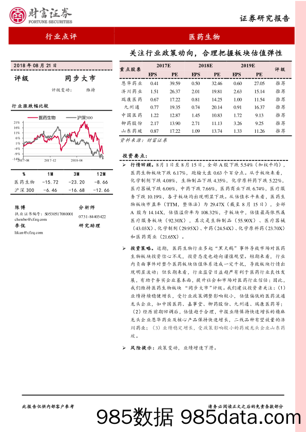 医药生物：关注行业政策动向，合理把握板块估值弹性_财富证券