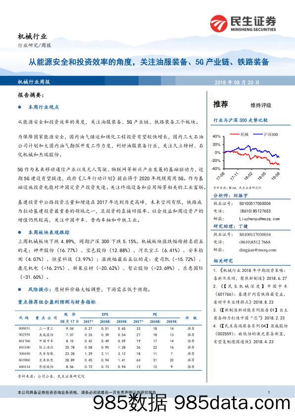 机械行业周报：从能源安全和投资效率的角度，关注油服装备，5G产业链、铁路装备_民生证券