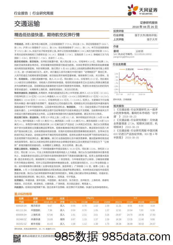 交通运输行业研究周报：精选低估值快递，期待航空反弹行情_天风证券