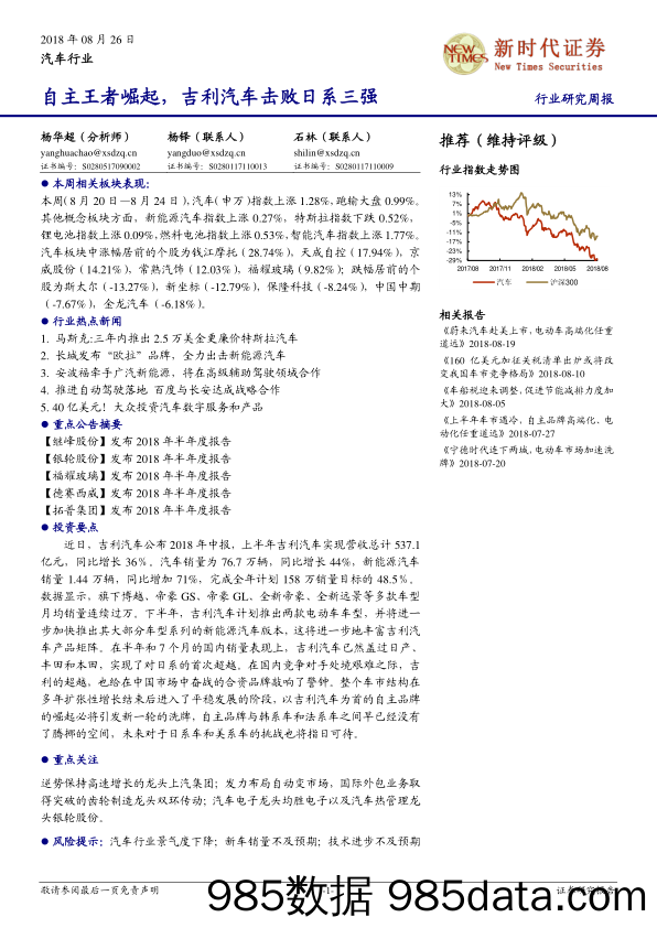 汽车行业研究周报：自主王者崛起，吉利汽车击败日系三强_新时代证券