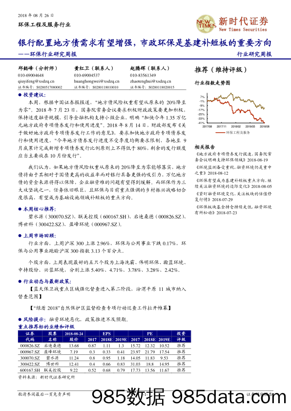 环保行业研究周报：银行配置地方债需求有望增强，市政环保是基建补短板的重要方向_新时代证券