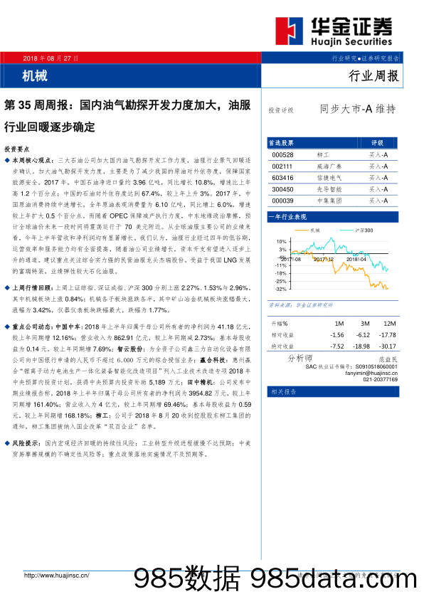 机械行业第35周周报：国内油气勘探开发力度加大，油服行业回暖逐步确定_华金证券