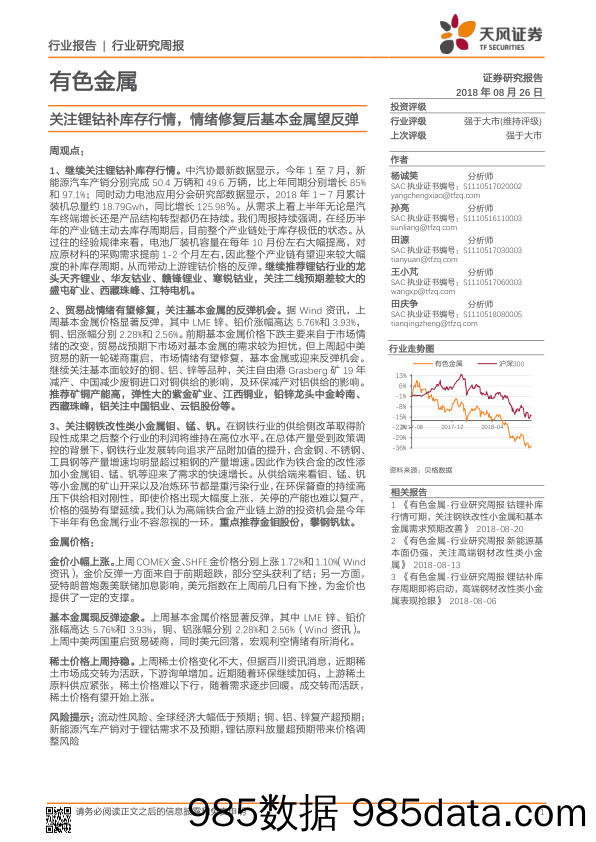 有色金属行业研究周报：关注锂钴补库存行情，情绪修复后基本金属望反弹_天风证券