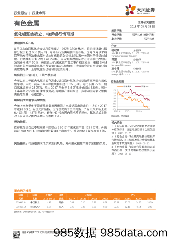 有色金属行业点评：氧化铝涨势确立，电解铝行情可期_天风证券