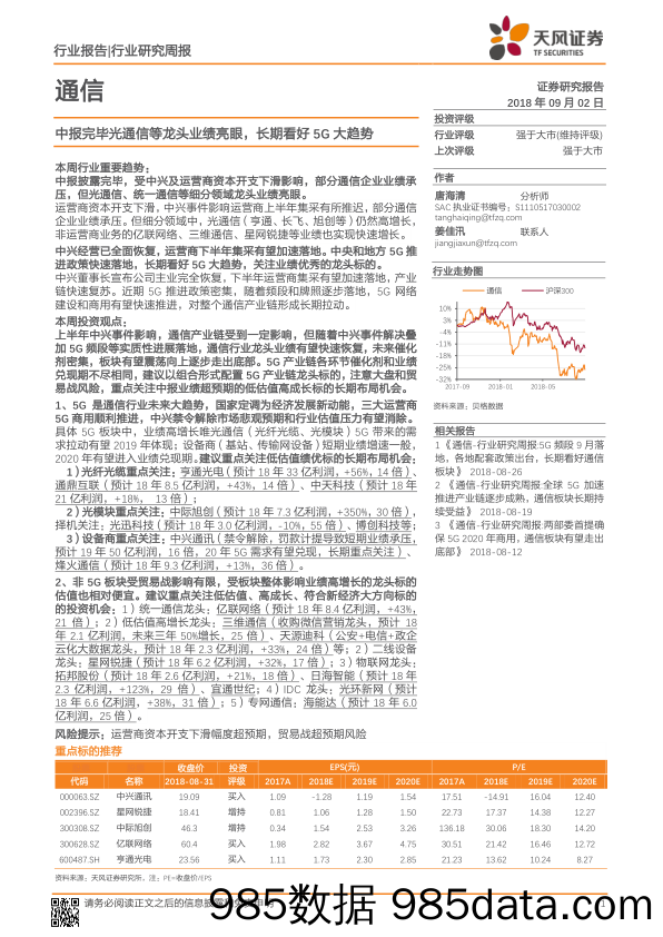 通信行业研究周报：中报完毕光通信等龙头业绩亮眼，长期看好5G大趋势_天风证券