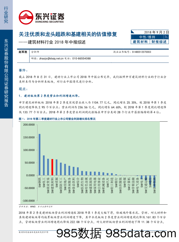 建筑材料行业2018年中报综述：关注优质和龙头超跌和基建相关的估值修复_东兴证券