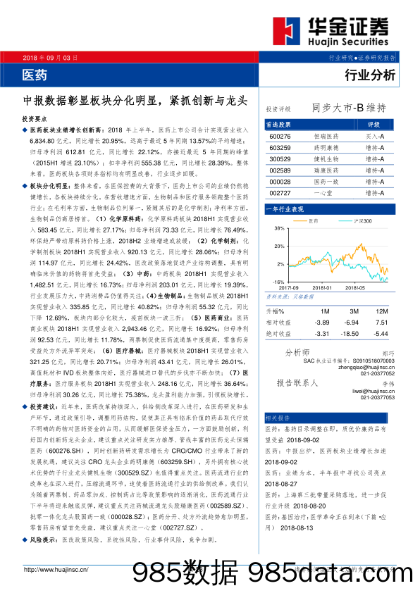 医药行业分析：中报数据彰显板块分化明显，紧抓创新与龙头_华金证券