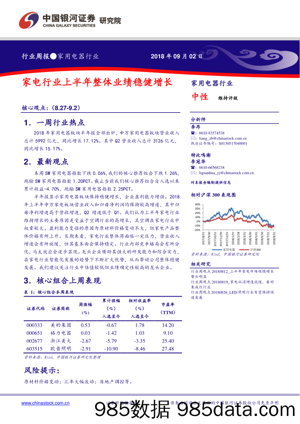 家用电器行业周报：家电行业上半年整体业绩稳健增长_中国银河