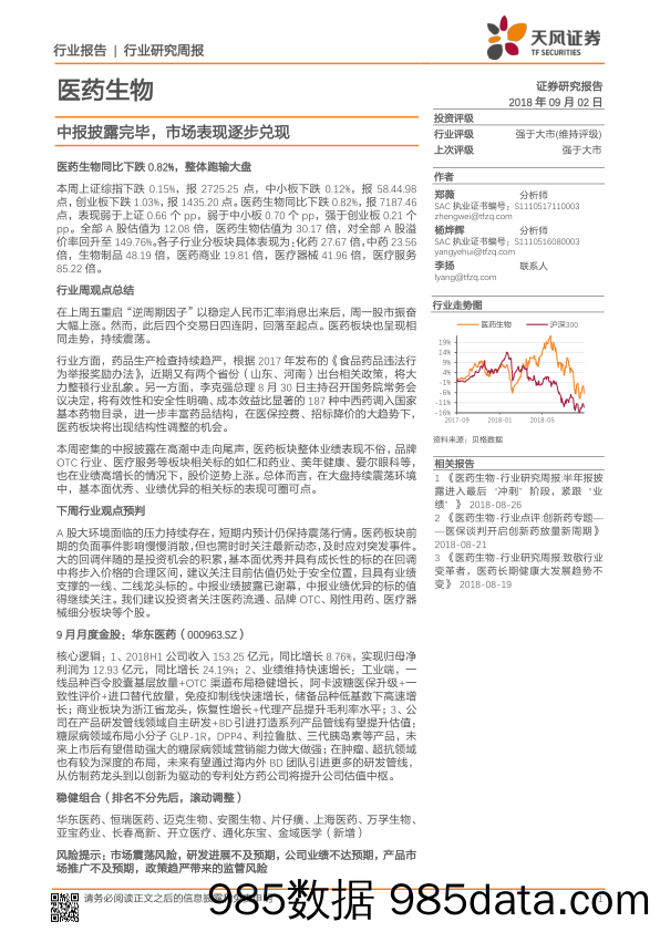 医药生物行业研究周报：中报披露完毕，市场表现逐步兑现_天风证券