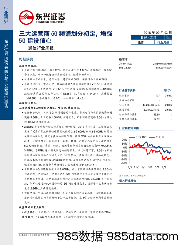 通信行业周报：三大运营商5G频谱划分初定，增强5G建设信心_东兴证券