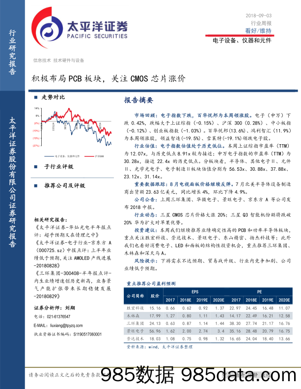 电子设备、仪器和元件行业周报：积极布局PCB板块，关注CMOS芯片涨价_太平洋