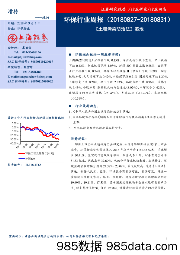 环保行业周报：《土壤污染防治法》落地_上海证券